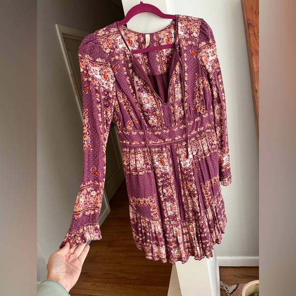 FREE PEOPLE Bridgette Floral Long Sleeve Boho Mini Dress In Berry Combo - Picture 4 of 9